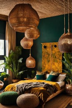 a bedroom with green walls and lots of hanging lights above the bed, along with plants