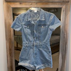 Super Cute Denim Romper! Perfect For Spring And Summer But Could Definitely Be Used As A Transition Piece In The Fall. Never Worn, Button Up With Zipper At The Bottom. Slim Fit. 85% Cotten. 15% Polyester Jean Romper, Denim Romper, Button Up, Pant Jumpsuit, Jumpsuit Romper, Super Cute, Rompers, Pants For Women, Slim Fit