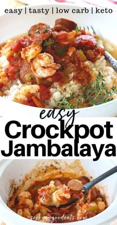 easy crockpot jambaalaya recipe with text overlay