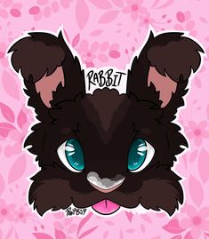 a black cat's face with blue eyes on a pink flowered background that says rabbit