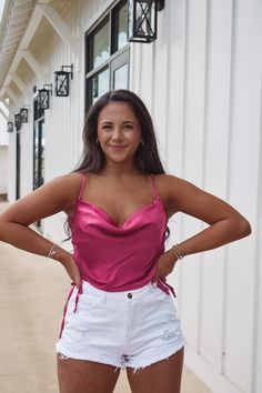 Pink cami top featuring a cowl neckline, ruched sides and adjustable spaghetti straps. 100% polyester Runs true to size! Model has a 34" bust and a 26" waist wearing a size small. Pink Cami Top, Cowl Neckline, Cute Fits, Solid Tops, Cami Top, Face Drawing, Country Girls, Cami Tops, Drawing Reference