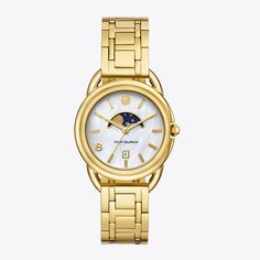 The Miller watch features a small celestial graphic, set on an ivory dial within a gold-tone stainless steel case and link bracelet. Watches Woman, Womens Designer Watches, Kira Chevron, Moon Watch, Watch Women's, Designer Watches, Hand Bracelet, Tory Burch Miller, Mini Crossbody Bag