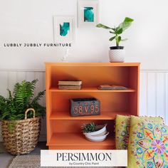 an orange book shelf sitting next to some plants