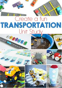 there are many different pictures that include cars and trucks in this collage with the words transportation unit study