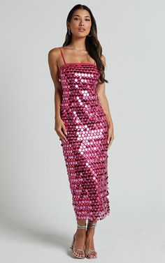 Amarie Midi Dress - Circle Sequin Dress in Pink Swimwear 2024, Wedding Colours, Hens Party, Sequin Design, Dress Back, Hip Dress, Dress Size Chart, Party Night, Dance Floor