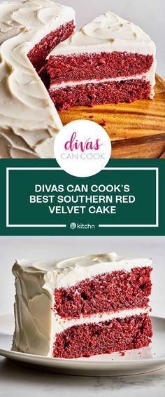 red velvet cake with white frosting on top and the words, divas can cook's best - ever layered velvet cake