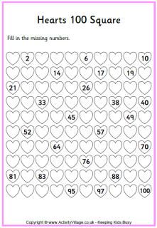 hearts 100 square worksheet with numbers to 10 in the middle and one at the top