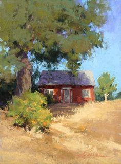 a painting of a red house in the middle of a field with trees and bushes