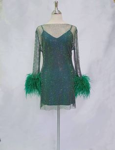 MARAYA Green Rhinestone Mesh Long Sleeve Mini Dress With Slip Dress - Etsy Party Season Mesh Dress With Rhinestones, Green Mesh Dress For Party, Glamorous Green Rhinestone Dress, Mini Feather Dress, Rhinestone Mesh Dress, Rhinestone Fabric, Mini Dres, Purple Crop Top, Cute Dress Outfits