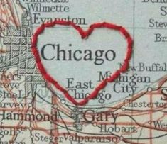 a map with a red heart in the middle and chicago on it's map