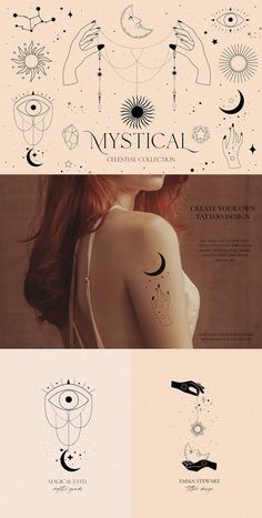 three different types of tattoos on the back of a woman's shoulder and arm