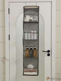 an over the door storage unit in a bathroom