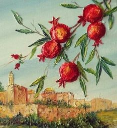 a painting of red flowers and green leaves on a blue sky with buildings in the background