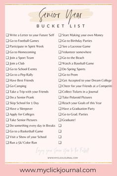 a pink and white checklist with the words senior year bucket list