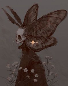 a drawing of a person with a skull and wings on their head in front of flowers