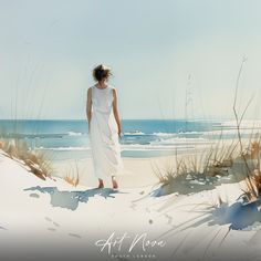 a painting of a woman in white walking on the beach with her hair blowing in the wind