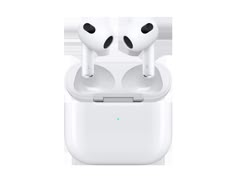 an apple airpods with charging case and earbuds in the front, on a white background