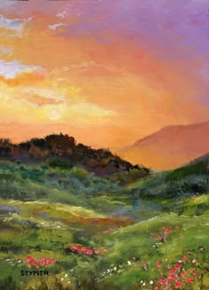 an oil painting of a beautiful sunset over a green field with wildflowers in the foreground