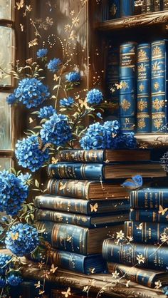 Blue Books Aesthetic Wallpaper, Library Artwork, Book Background, Gothic Fantasy Art, Book Flowers, Pretty Phone Wallpaper, Book Wallpaper, Cool Wallpapers Art, Beautiful Flowers Pictures