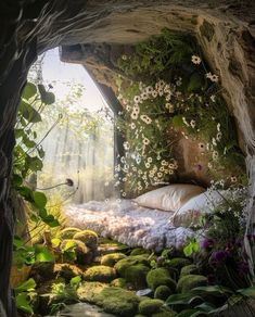 a bed in a cave with moss growing on the walls and floor, surrounded by plants