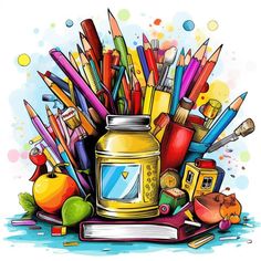 an image of school supplies with pencils in the back and books on the front