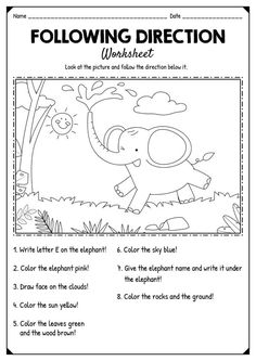 an elephant worksheet with the words following directions