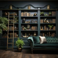 a green couch sitting in front of a book shelf filled with books