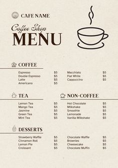 the menu for coffee shop is shown in black and white