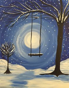 a painting of two trees and a swing in the snow with a moon behind them