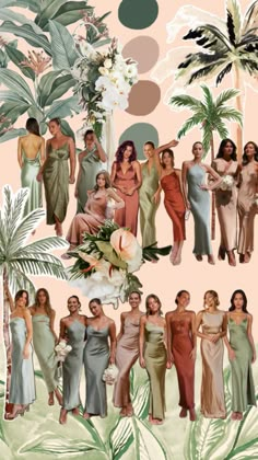 Bridesmaid Dress vibe Tropical Wedding Color Palette, 5 Color Palette, Bridesmaid Color Scheme, Bridal Party Color Schemes, Polynesian Wedding, Bridesmaid Color, Earth Tone Wedding, Tropical Wedding Theme, Beach Wedding Bridesmaid Dresses