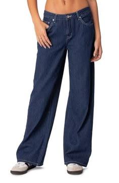 Polished pinstripes add a refined element to traditionally casual jeans cut with baggy wide legs in a Y2K-inspired low-rise silhouette. Zip fly with button closure Five-pocket style 100% cotton Machine wash, line dry Imported Striped Denim, Clean Girl Aesthetic, Jeans Low Rise, Aesthetic Vibes, T B, Striped Jeans, Fall Fits, Wide Jeans, Clean Girl