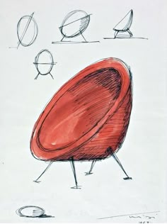 a drawing of a red chair with legs and feet on one side, in different positions