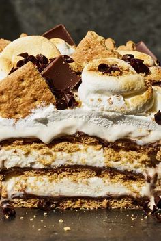 an ice cream cake with chocolate chips and cookies on top