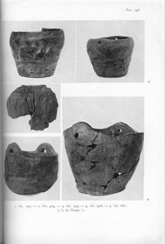 four different types of pottery are shown in black and white photographs, including one with an open mouth