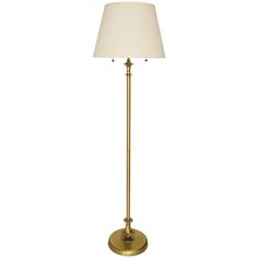 a gold floor lamp with a white shade on the base and a light bulb at the end