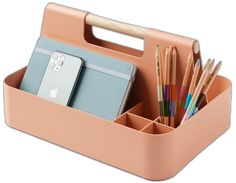 an apple pencil holder with pens, markers, and a cell phone in the bottom compartment