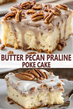 a piece of pecan pralie poke cake on a plate