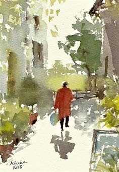 a watercolor painting of a person walking down a path in the park with an umbrella