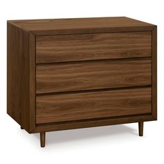 a wooden dresser with three drawers and two legs