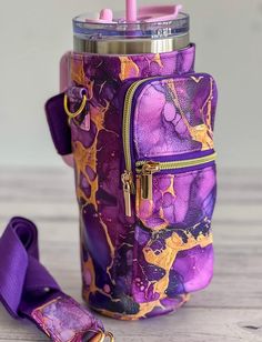 a purple and yellow bag with a pink toothbrush in it