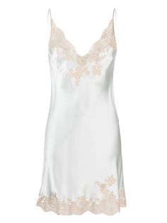 Carine Gilson Calais-Caudry lace-trim Silk Slip Dress - Farfetch Carine Gilson, Scallop Hem, Planet People, Versace Outfit, Silk Slip Dress, Lace Slip, Satin Slip, Silk Slip, Blue Silk