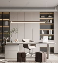 modern office with white desk and brown stools in front of bookshelves on shelves