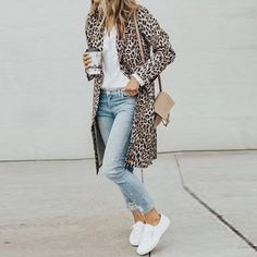 Suit Collar Long Sleeve Long Leopard Print Coat T Shirt Branca, Leopard Print Coat, Print Coat, Look Fashion, Spring Outfits