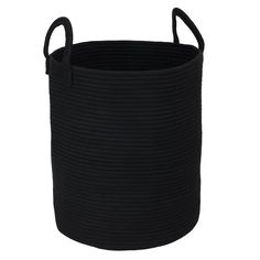 a black round basket with handles