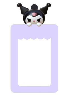 a cartoon character is peeking out of a purple paper with a black and white cat on it