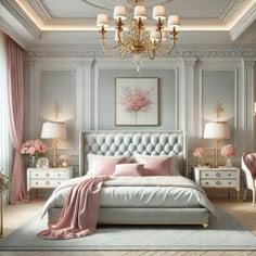 a bedroom decorated in pink and white with chandelier