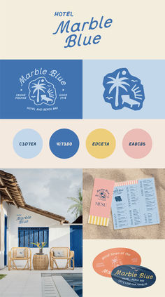 the hotel marbella blue logo is shown in three different colors and font options, along with