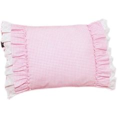 a pink and white gingham pillow with ruffles on the bottom,