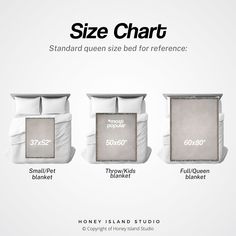 three sizes of bed linens with the words size chart on them and below it