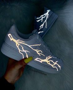 Emo Sneakers, Grey Lightning, Custom Nike Air Force 1, Custom Nike Air Force, Reflective Shoes, Custom Jordans, Nike Air Force 1s, Air Force 1s, Custom Kicks